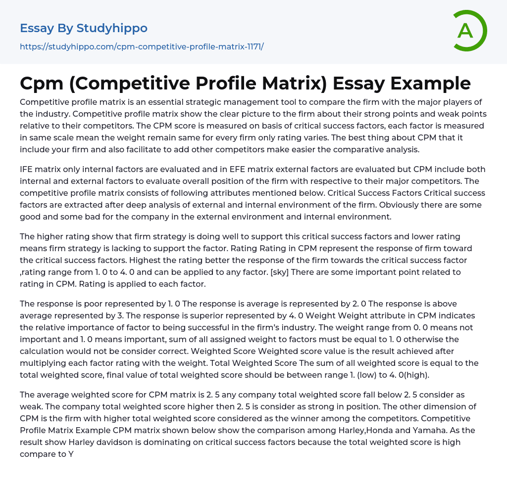 Cpm (Competitive Profile Matrix) Essay Example