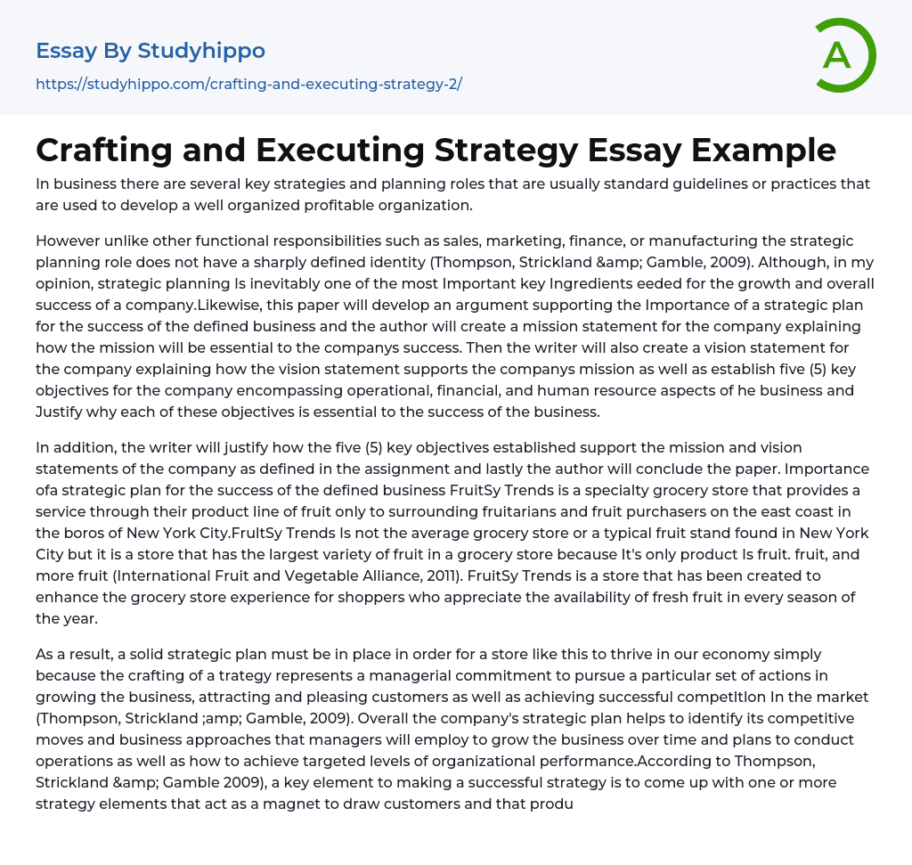 Crafting and Executing Strategy Essay Example