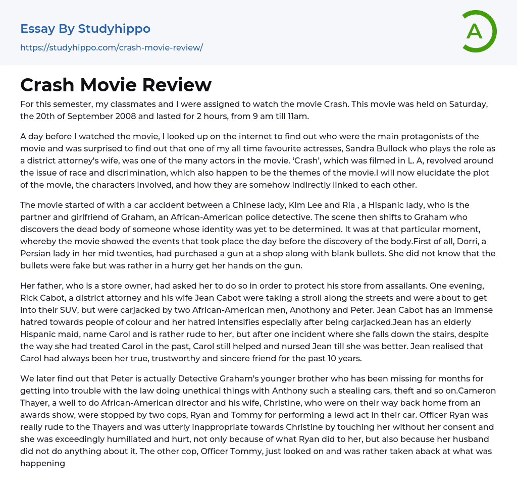 Crash Movie Review Essay Example Studyhippo Com