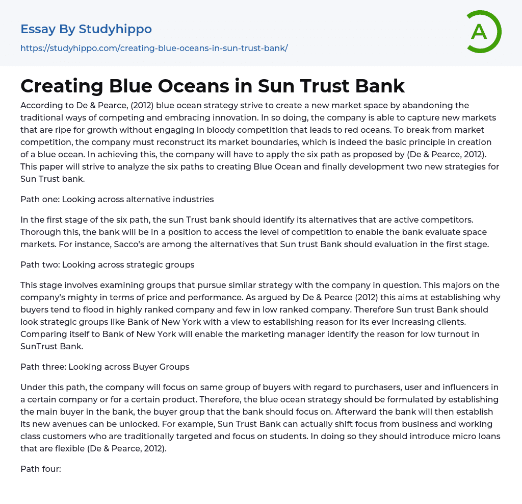 Creating Blue Oceans in Sun Trust Bank Essay Example