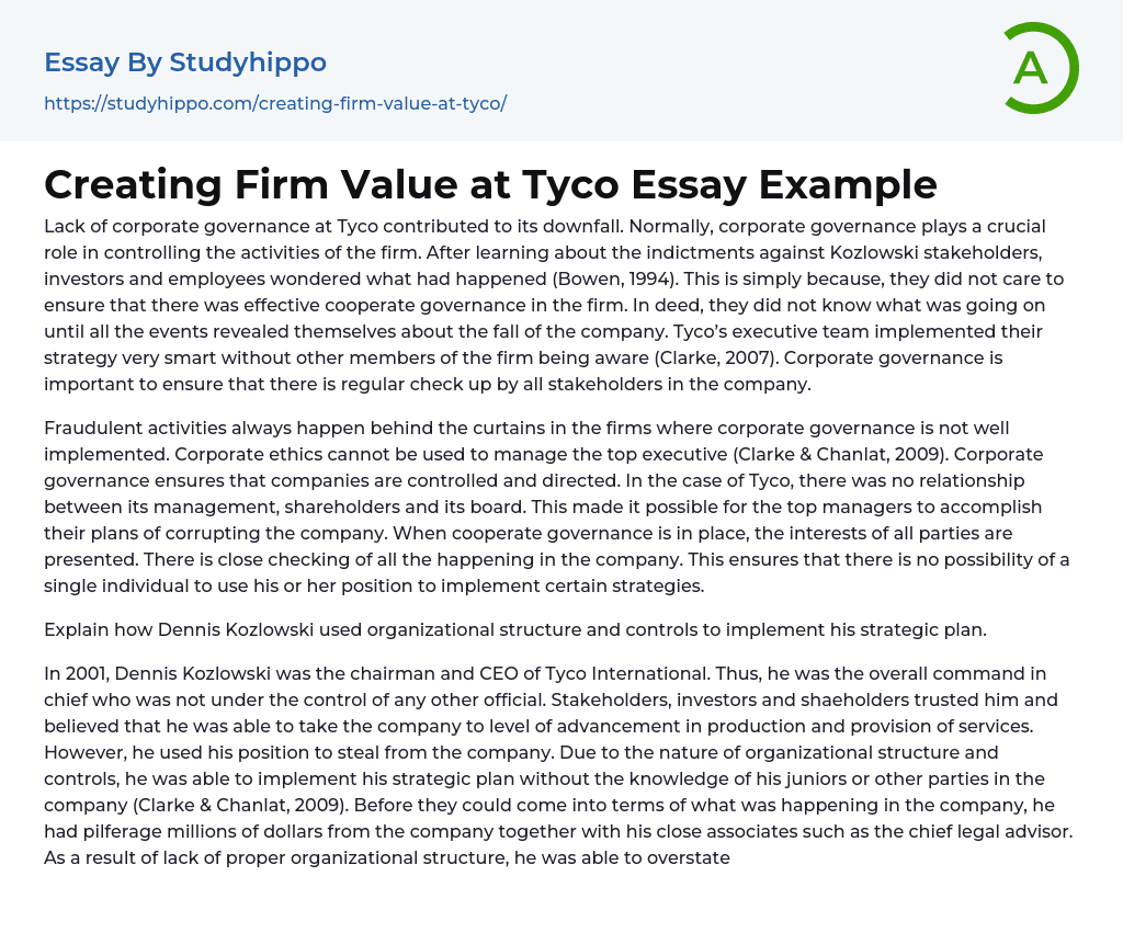 Creating Firm Value at Tyco Essay Example