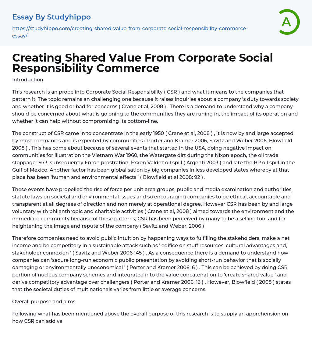 Creating Shared Value From Corporate Social Responsibility Commerce Essay Example