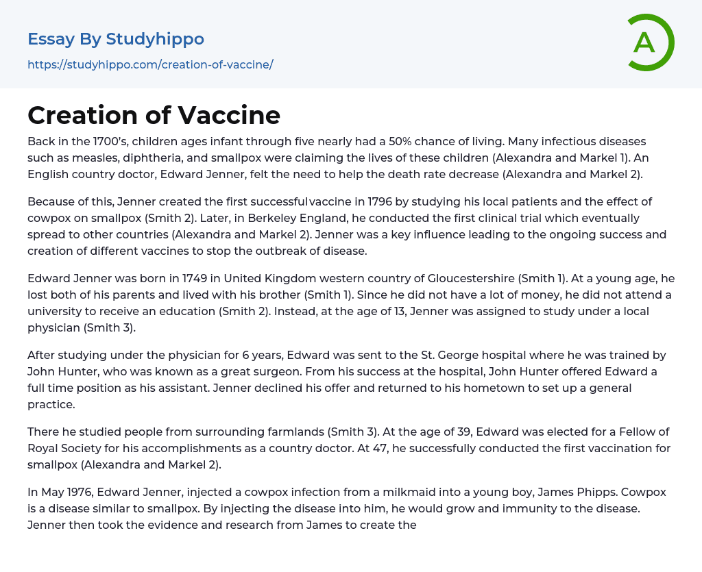 Creation of Vaccine Essay Example