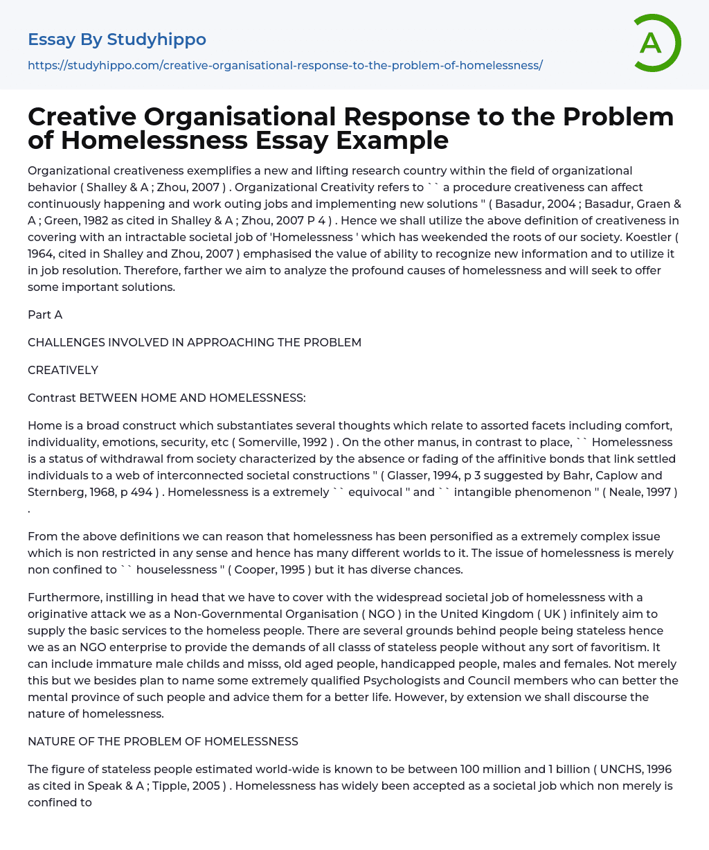 Creative Organisational Response to the Problem of Homelessness Essay Example