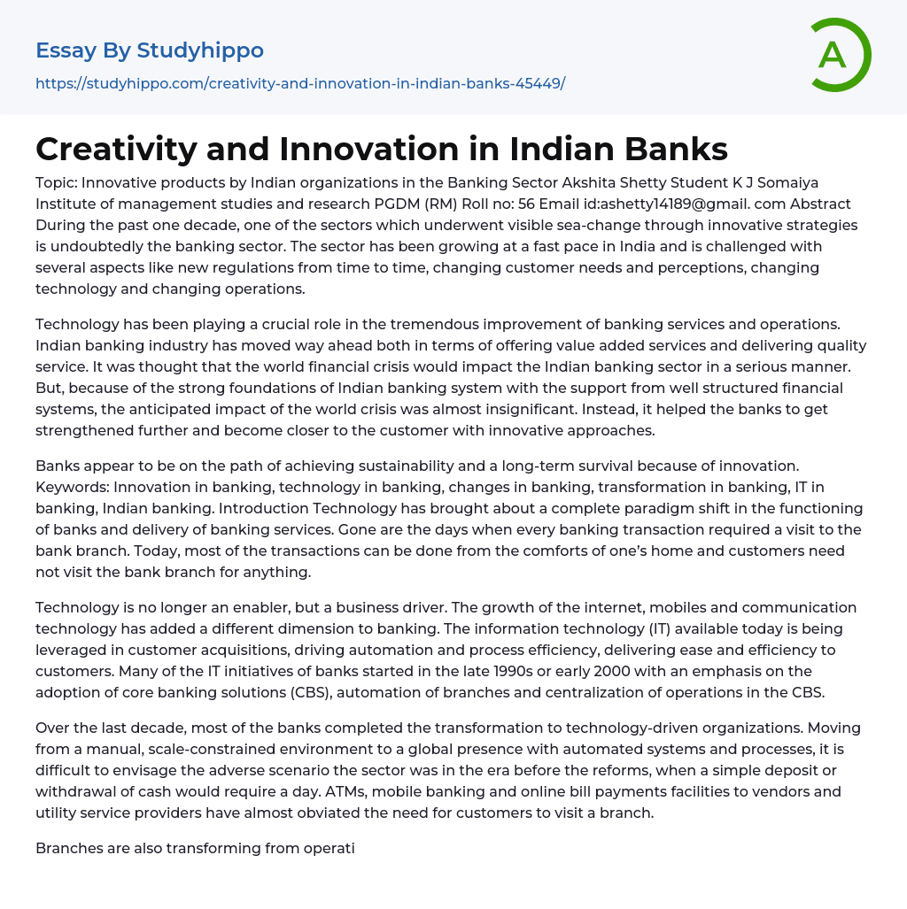 Creativity and Innovation in Indian Banks Essay Example