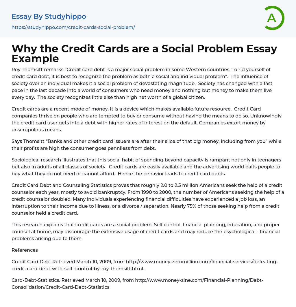 Why the Credit Cards are a Social Problem Essay Example