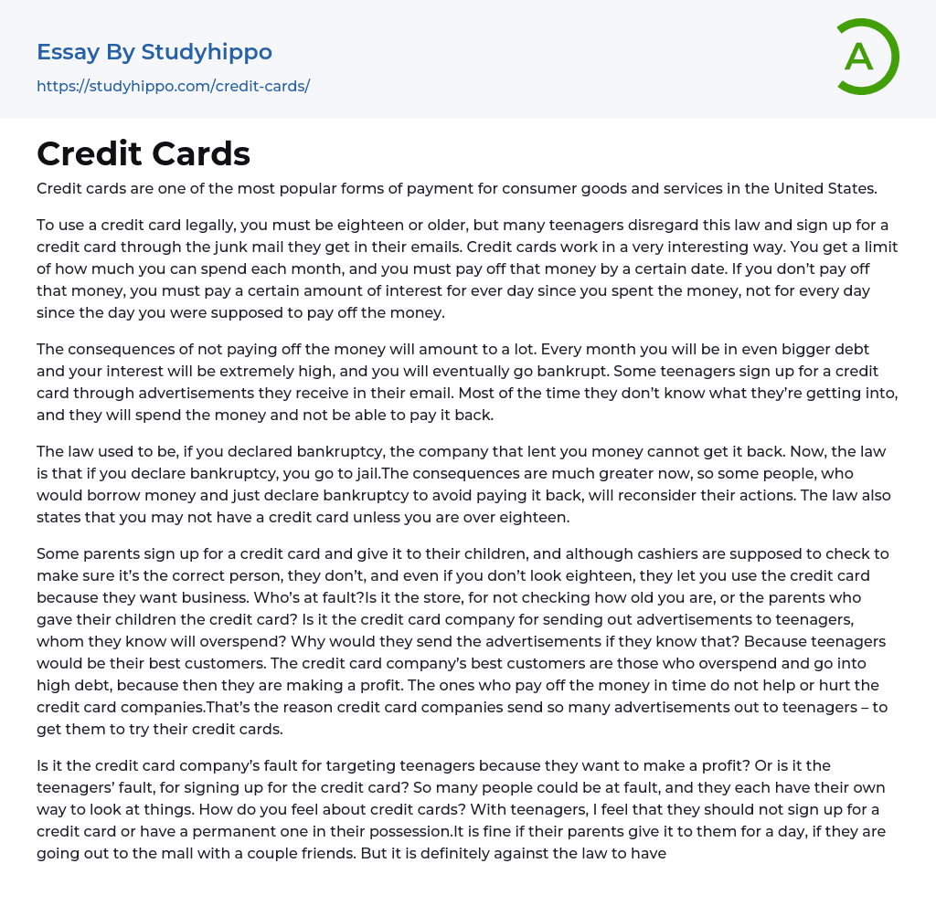 Credit Cards Essay Example