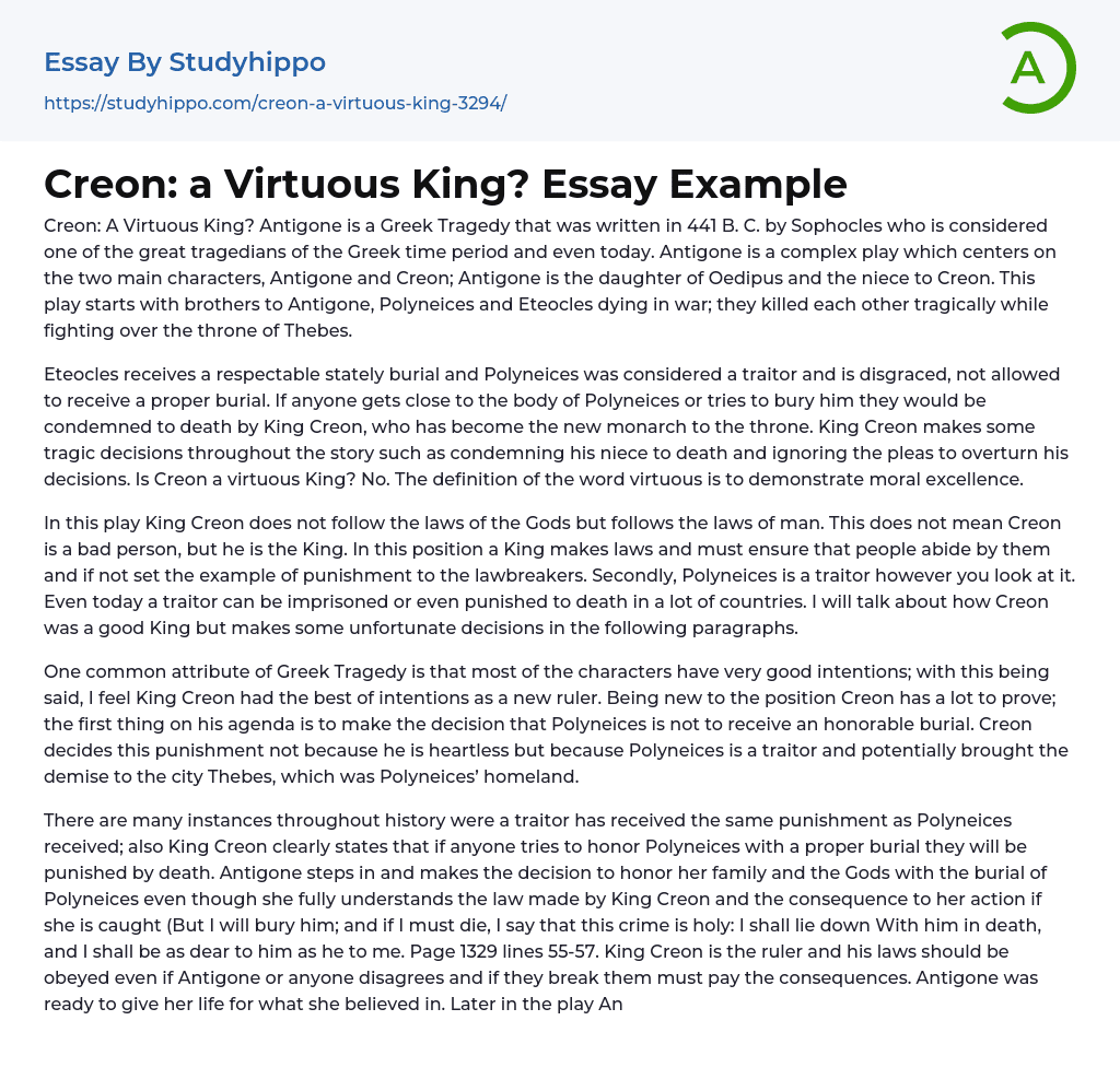 Creon: a Virtuous King? Essay Example