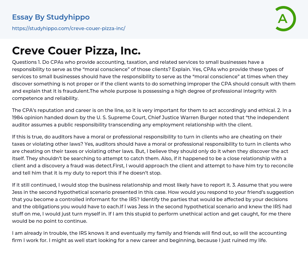 Creve Couer Pizza, Inc. Essay Example