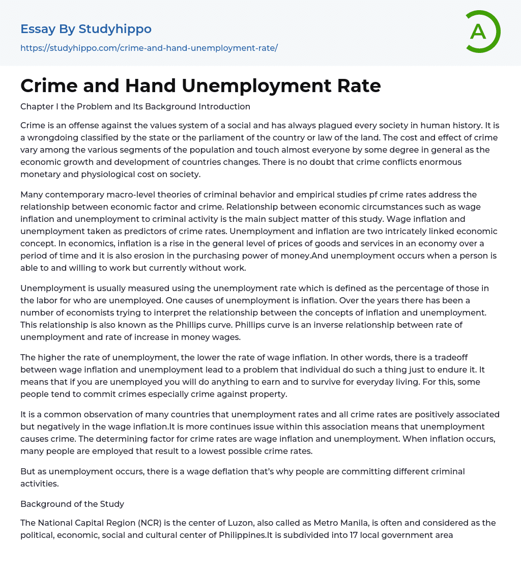 Crime and Hand Unemployment Rate Essay Example