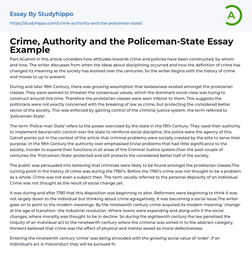 Crime, Authority and the Policeman-State Essay Example