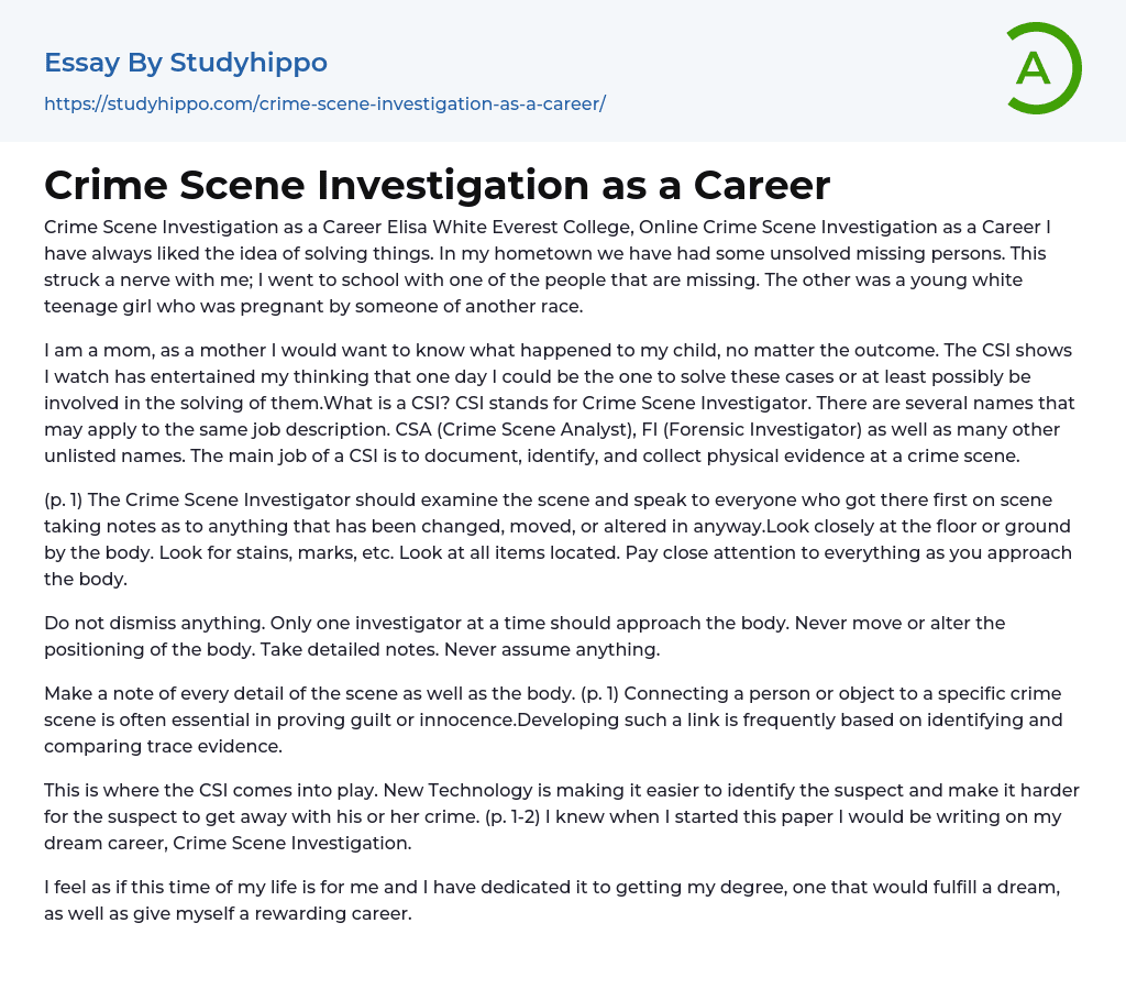 Crime Scene Investigation as a Career Essay Example