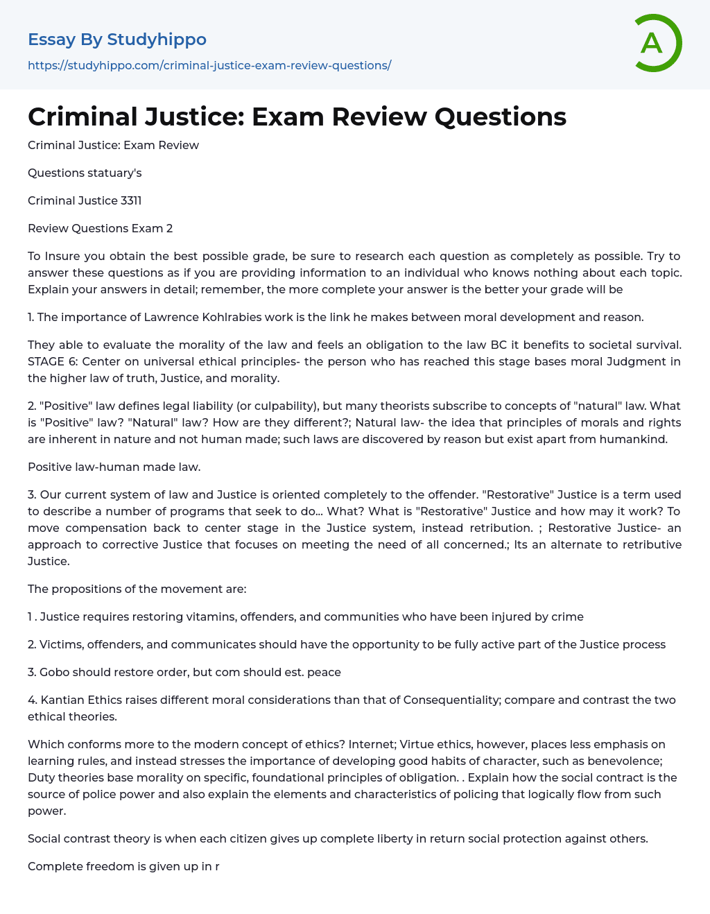 Criminal Justice: Exam Review Questions Essay Example