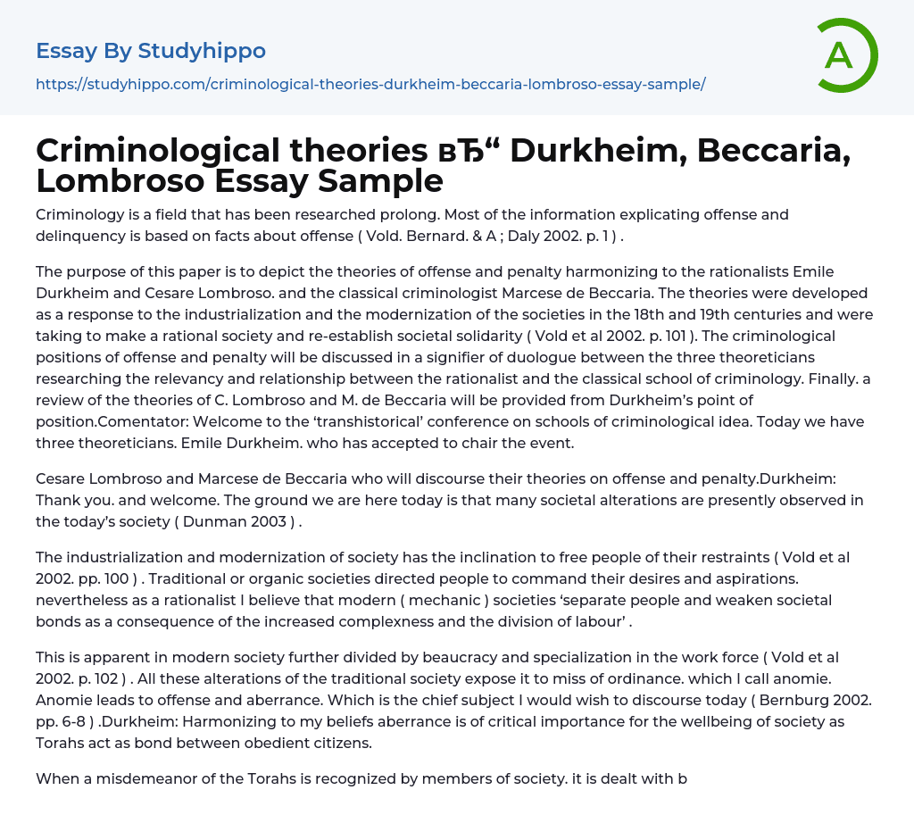 Criminological theories Durkheim, Beccaria, Lombroso Essay Sample
