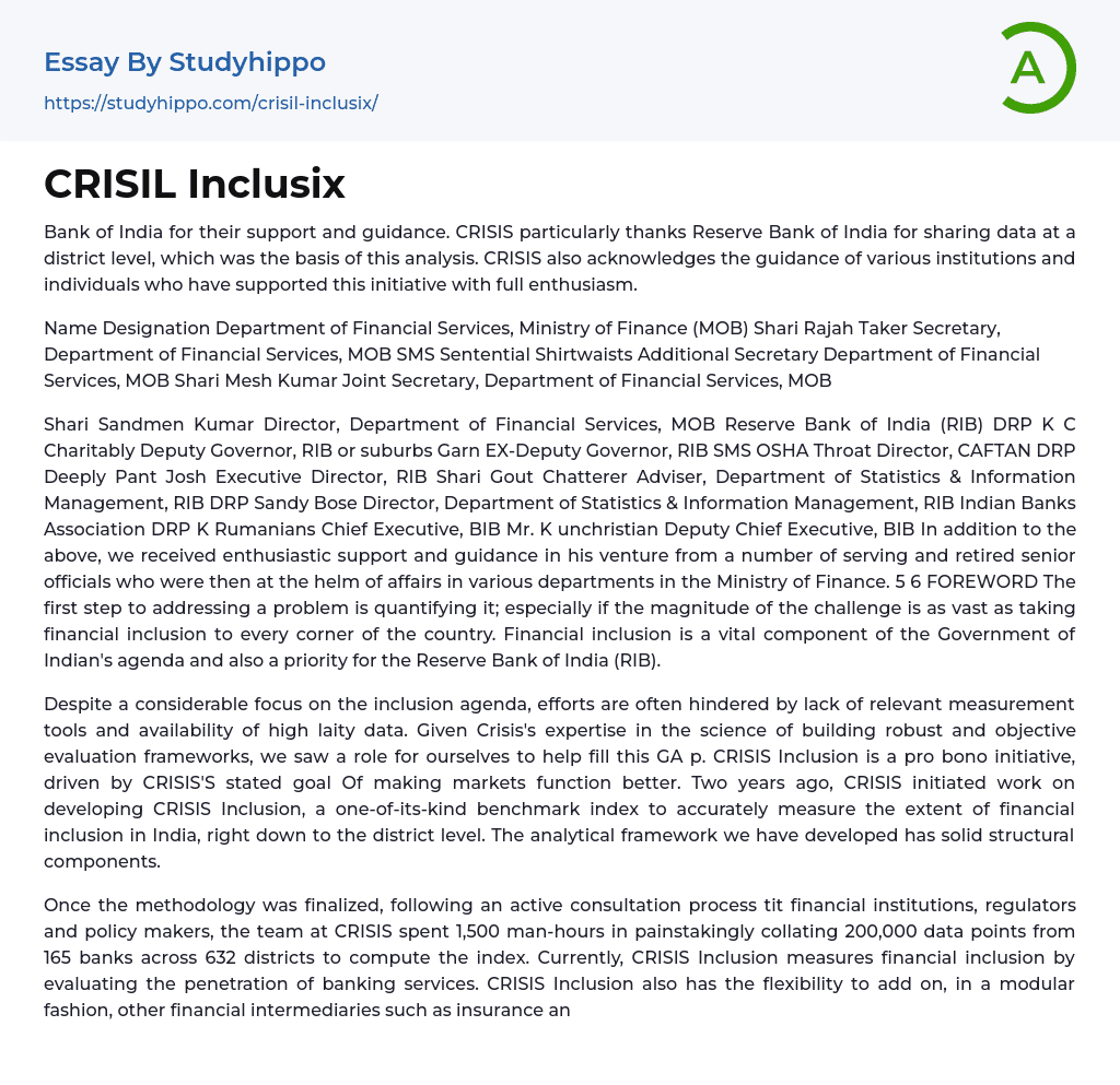 CRISIL Inclusix Essay Example