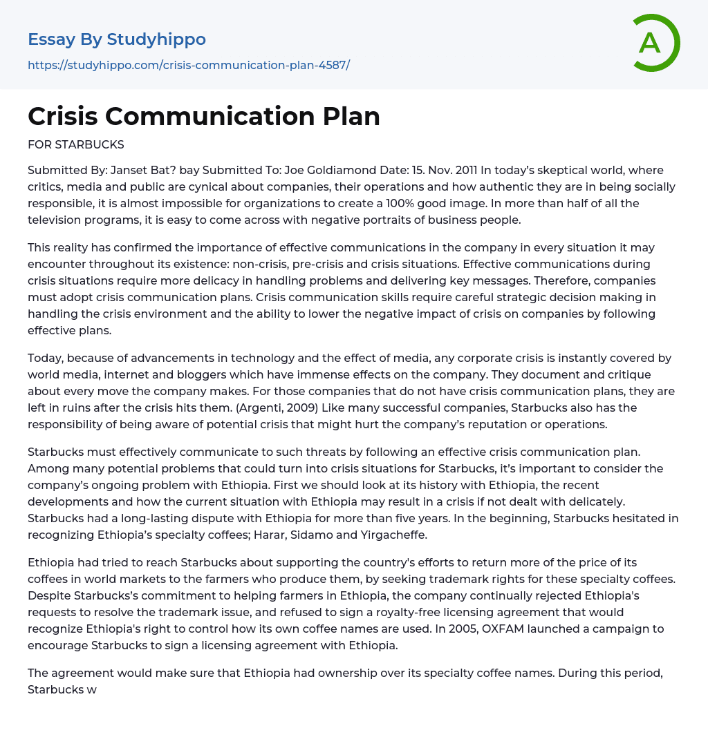 Crisis Communication Plan Essay Example