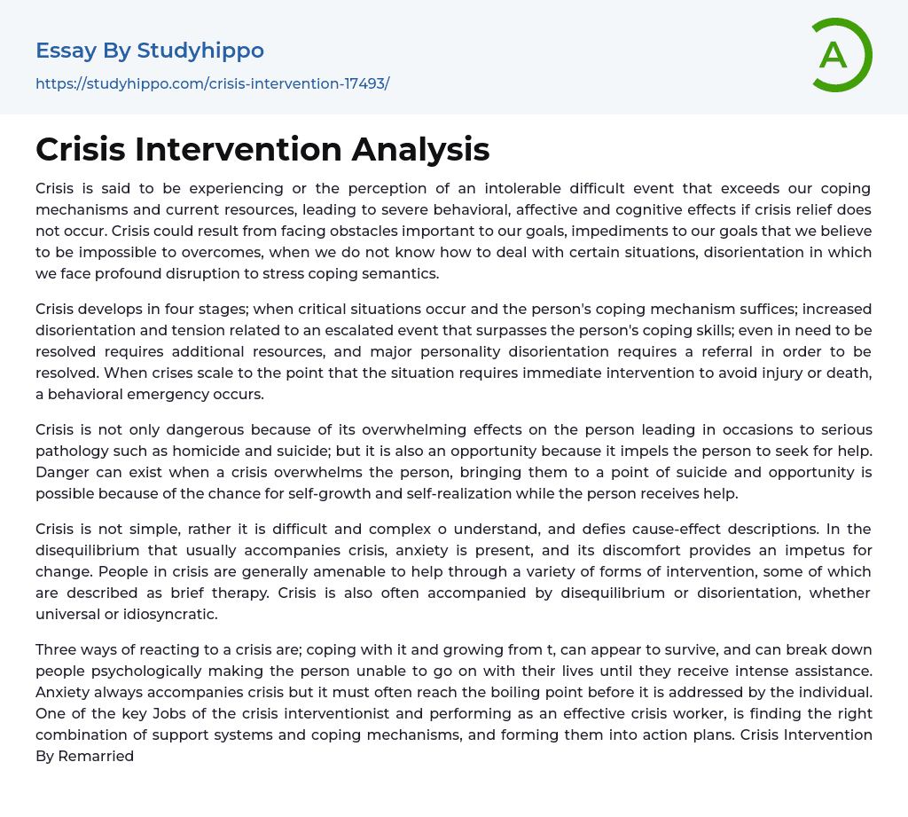 Crisis Intervention Analysis Essay Example