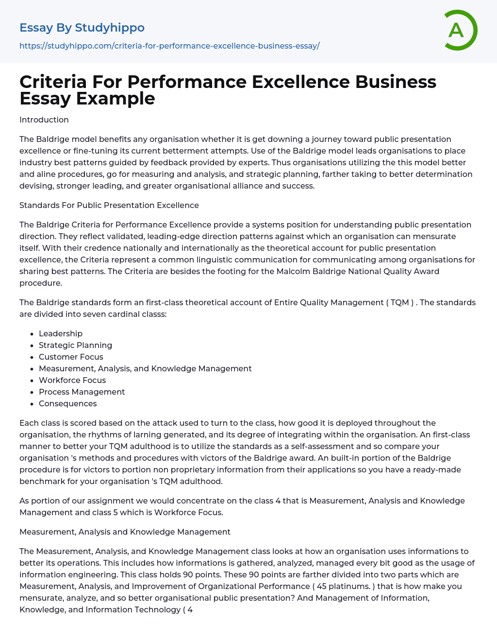 Criteria For Performance Excellence Business Essay Example