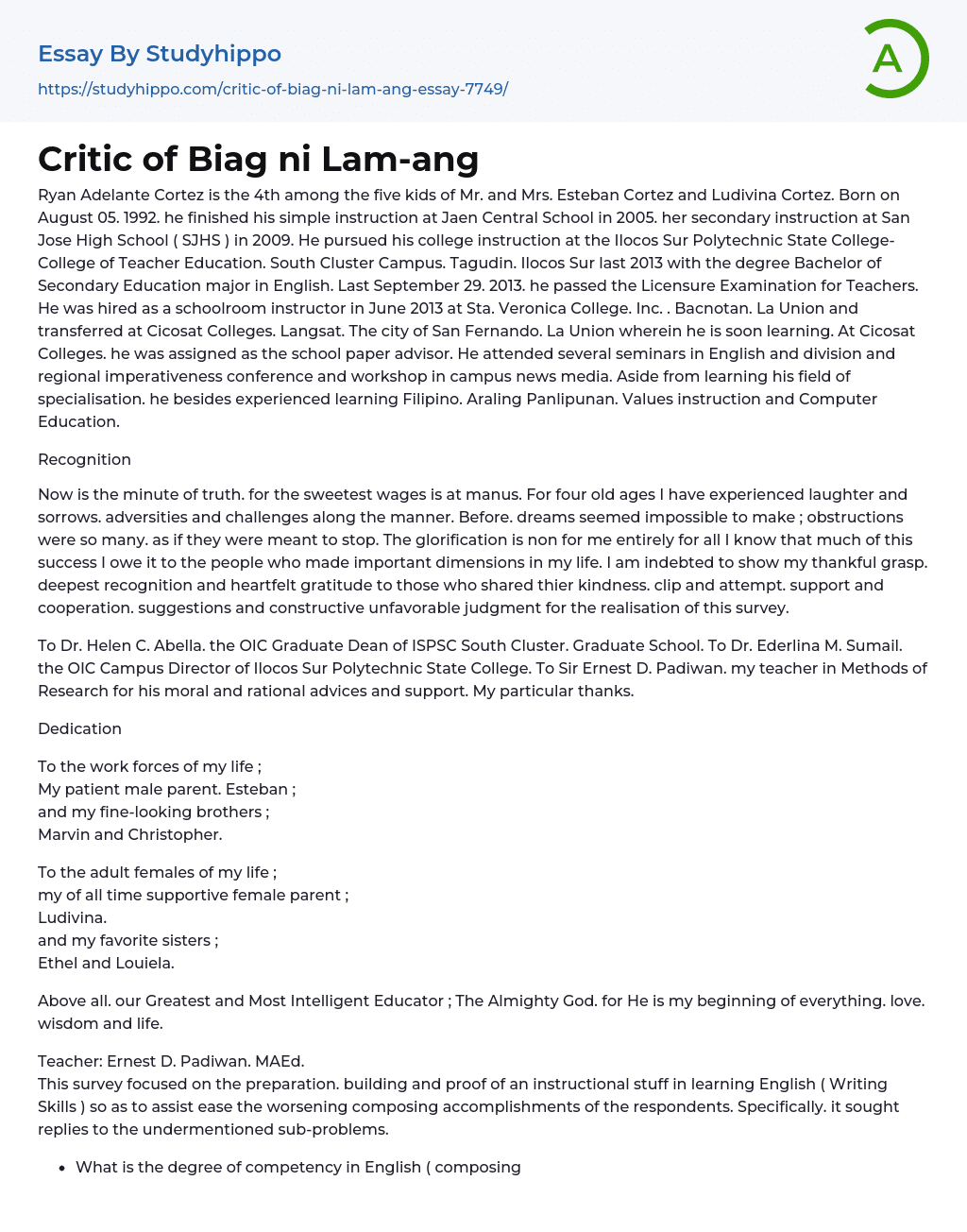 Critic of Biag ni Lam-ang Essay Example