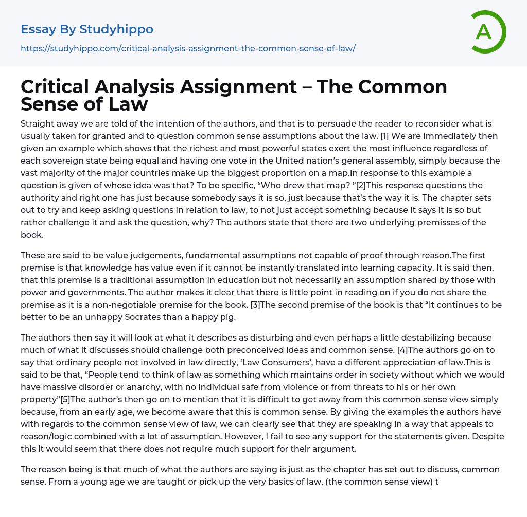 Critical Analysis Assignment – The Common Sense of Law Essay Example