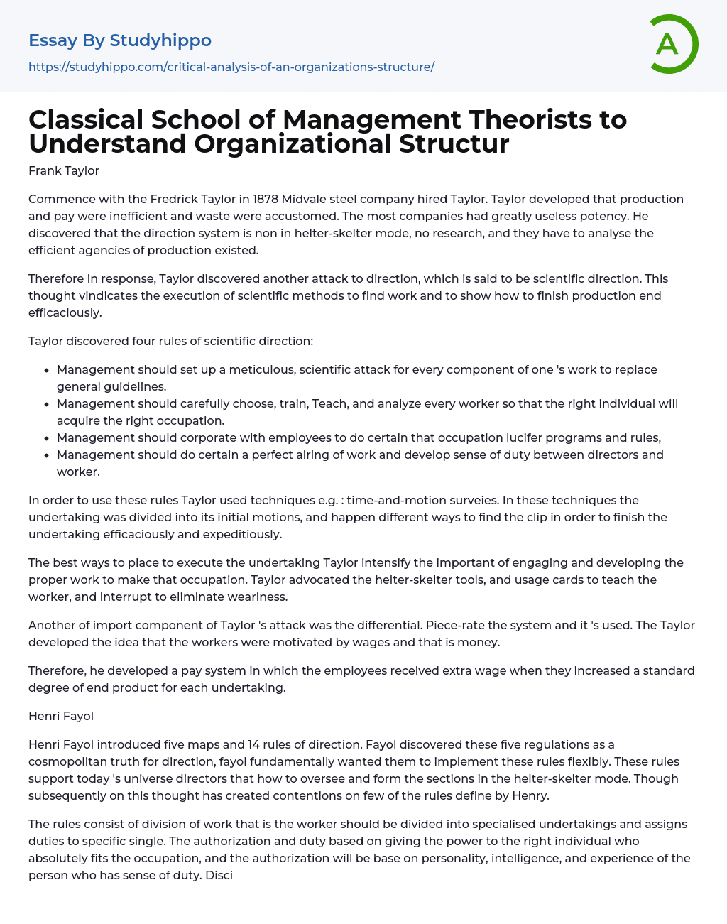 Classical School of Management Theorists to Understand Organizational Structur Essay Example