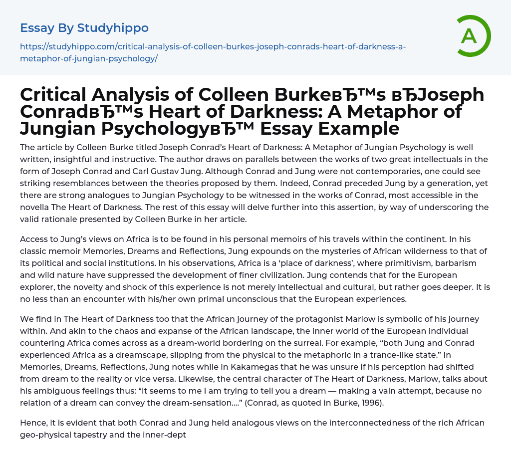 Critical Analysis of Colleen BurkeвЂ™s вЂJoseph ConradвЂ™s Heart of Darkness: A Metaphor of Jungian PsychologyвЂ™ Essay Example