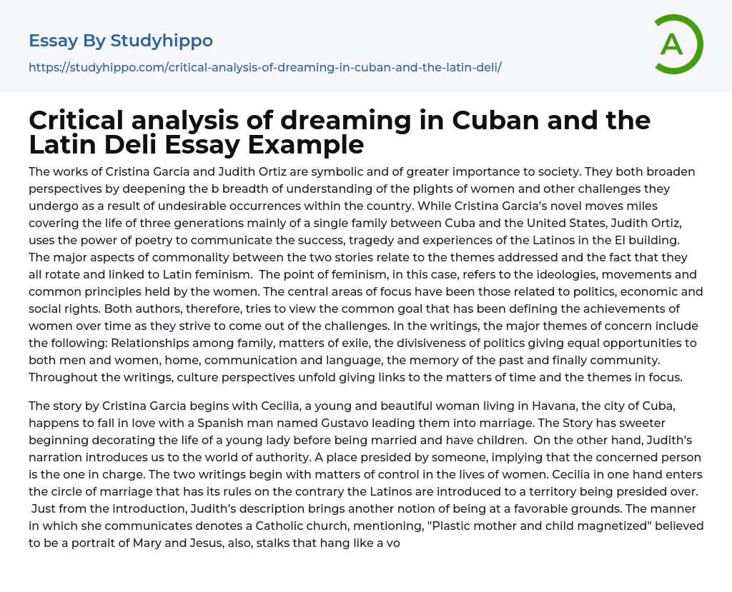 Critical analysis of dreaming in Cuban and the Latin Deli Essay Example
