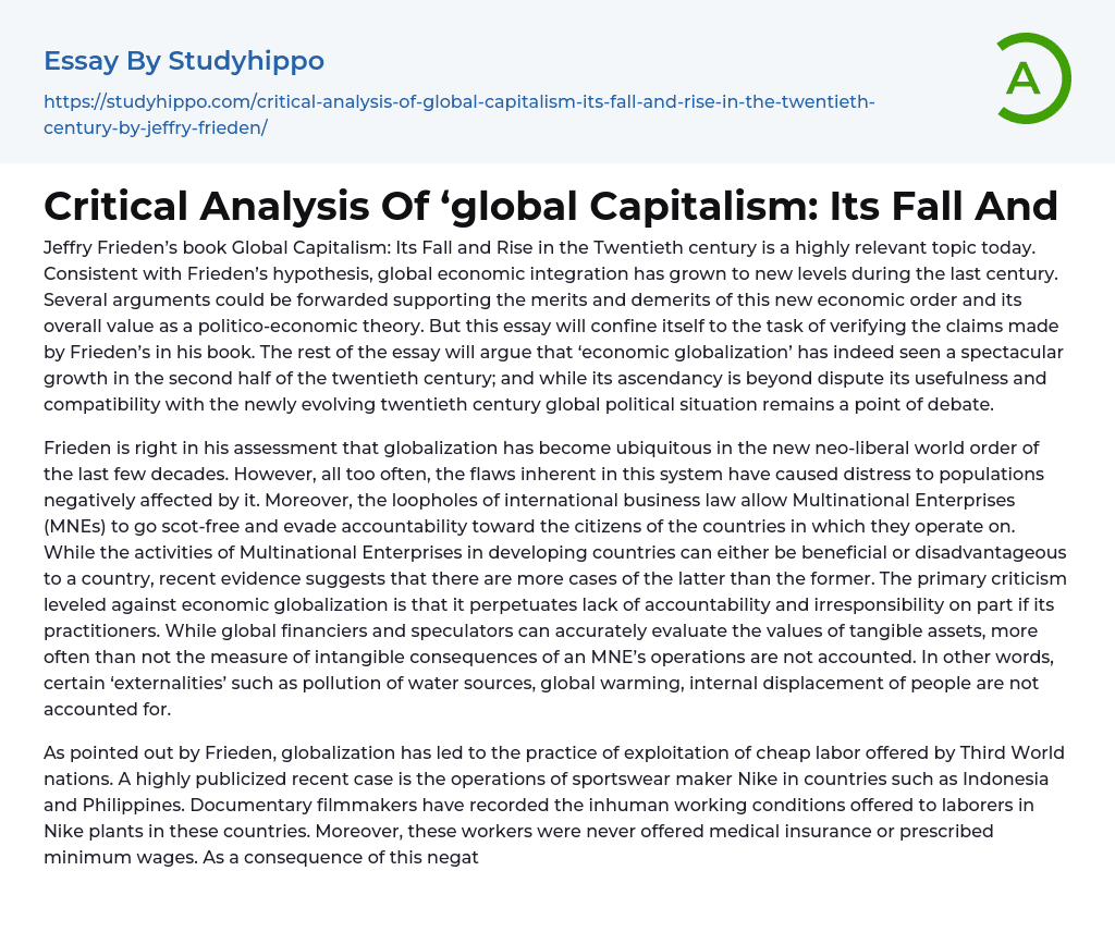 Critical Analysis Of ‘global Capitalism: Its Fall And Essay Example
