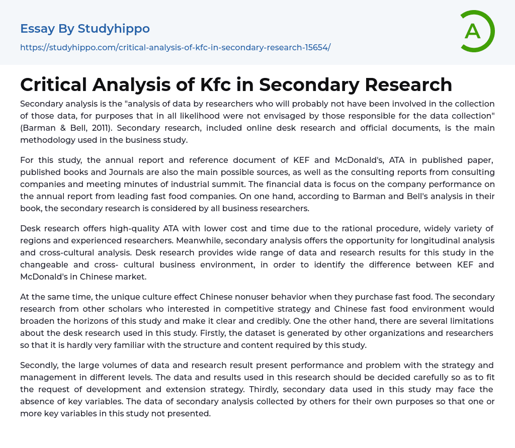 Critical Analysis of Kfc in Secondary Research Essay Example