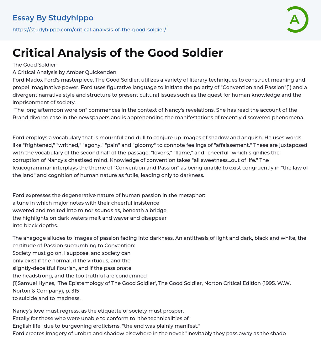Critical Analysis of “The Good Soldier” Essay Example