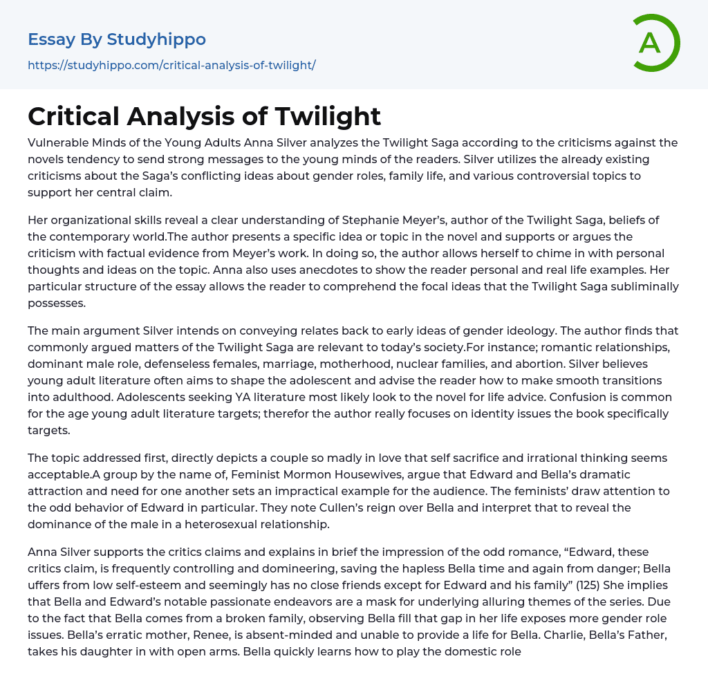 Critical Analysis of Twilight Essay Example