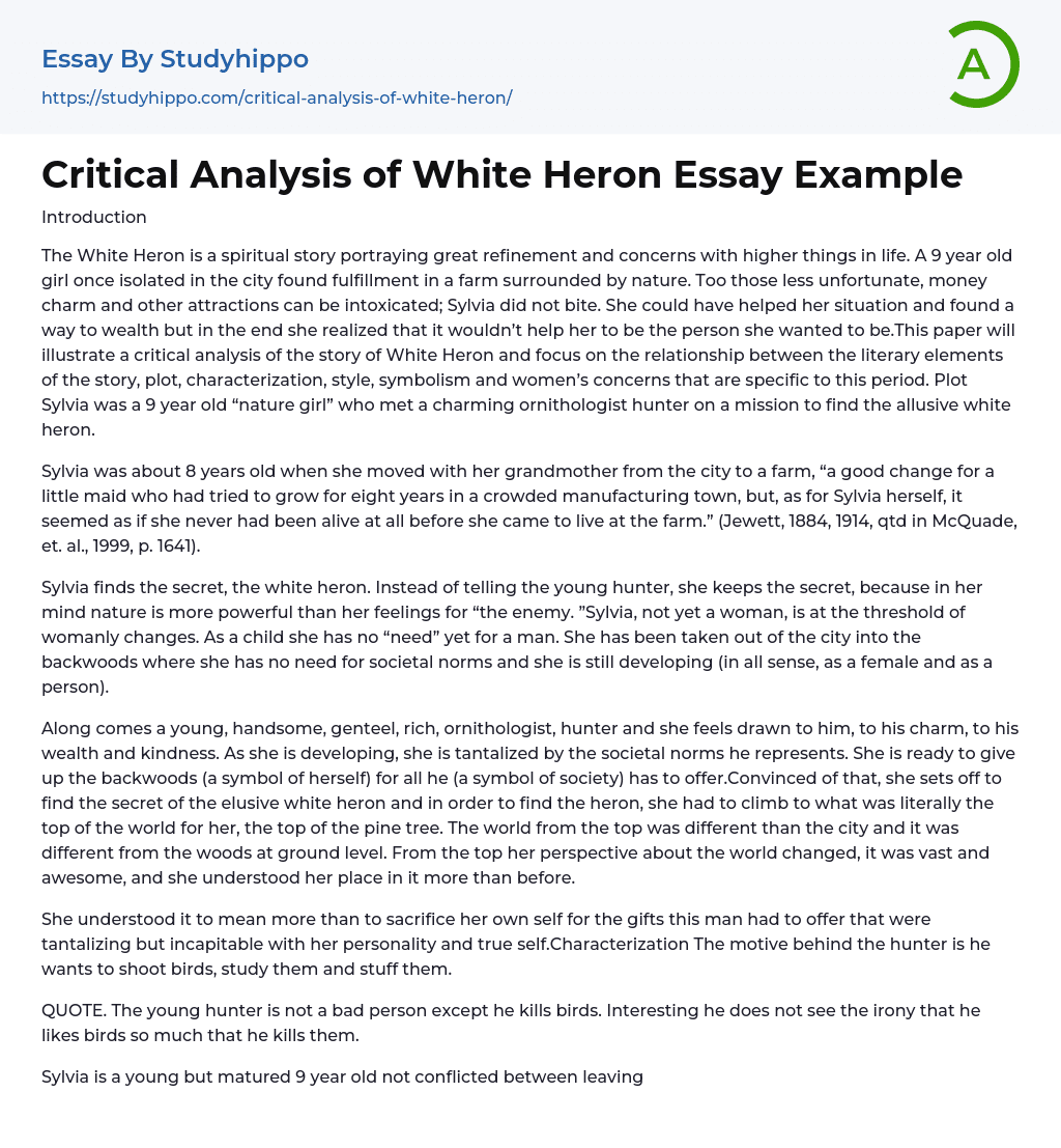 Critical Analysis of White Heron Essay Example