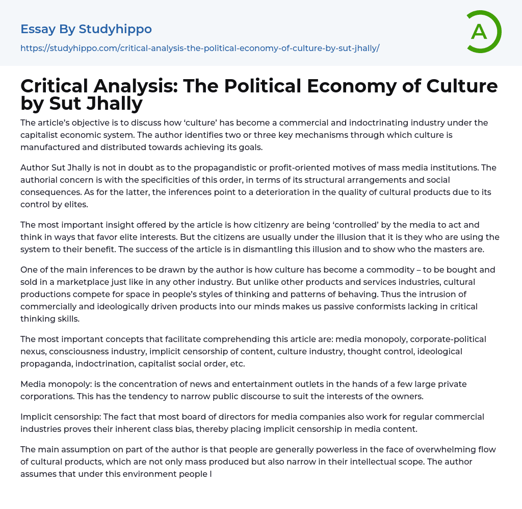 Critical Analysis: The Political Economy of Culture by Sut Jhally Essay Example