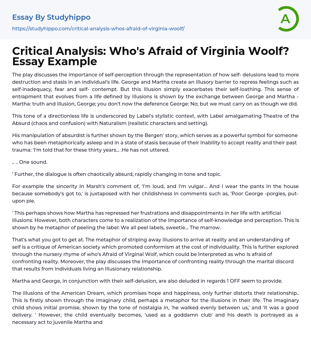 Critical Analysis: Who’s Afraid of Virginia Woolf? Essay Example