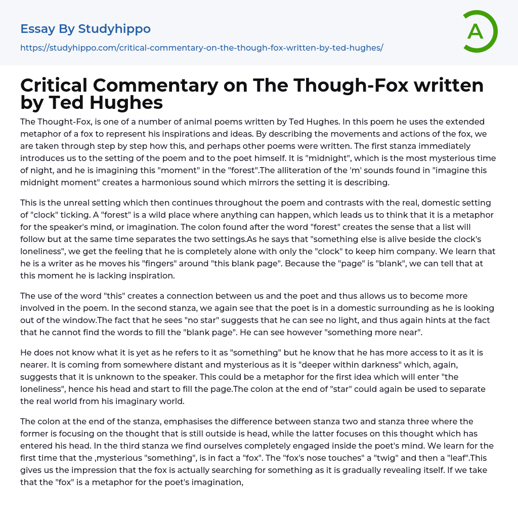 Critical Commentary on The Though-Fox written by Ted Hughes Essay Example