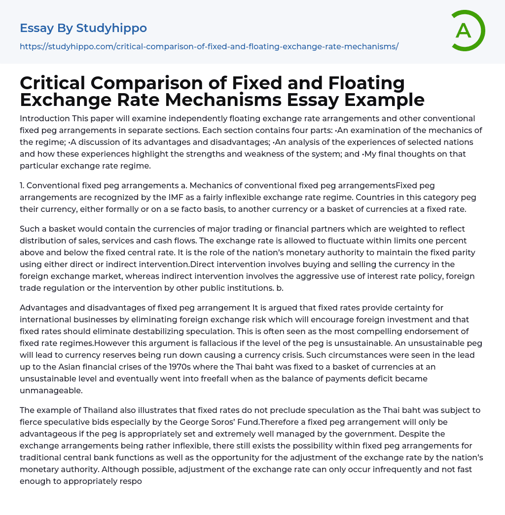Critical Comparison of Fixed and Floating Exchange Rate Mechanisms Essay Example