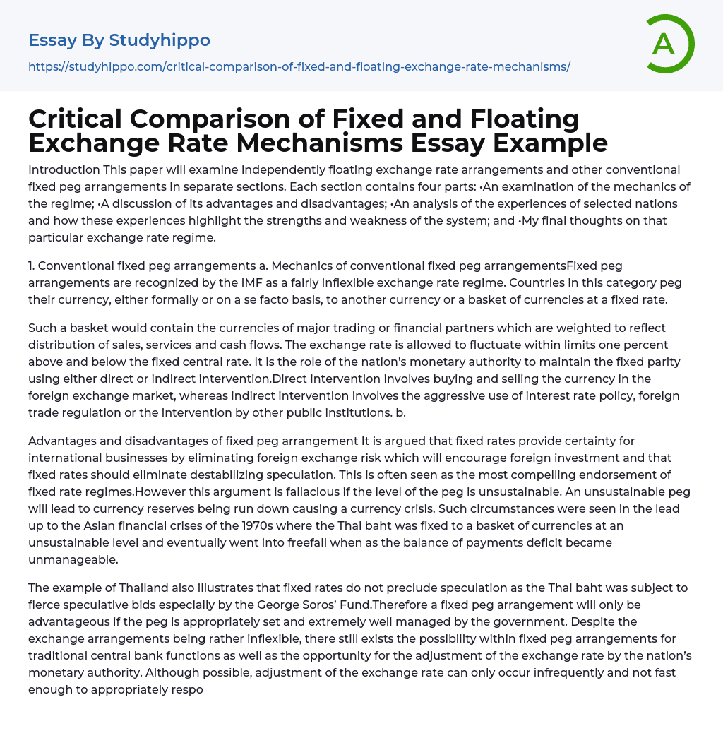 Critical Comparison Of Fixed And Floating Exchange Rate Mechanisms 