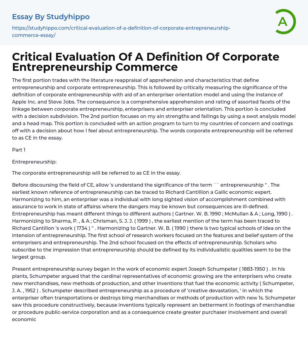 Critical Evaluation Of A Definition Of Corporate Entrepreneurship Commerce Essay Example
