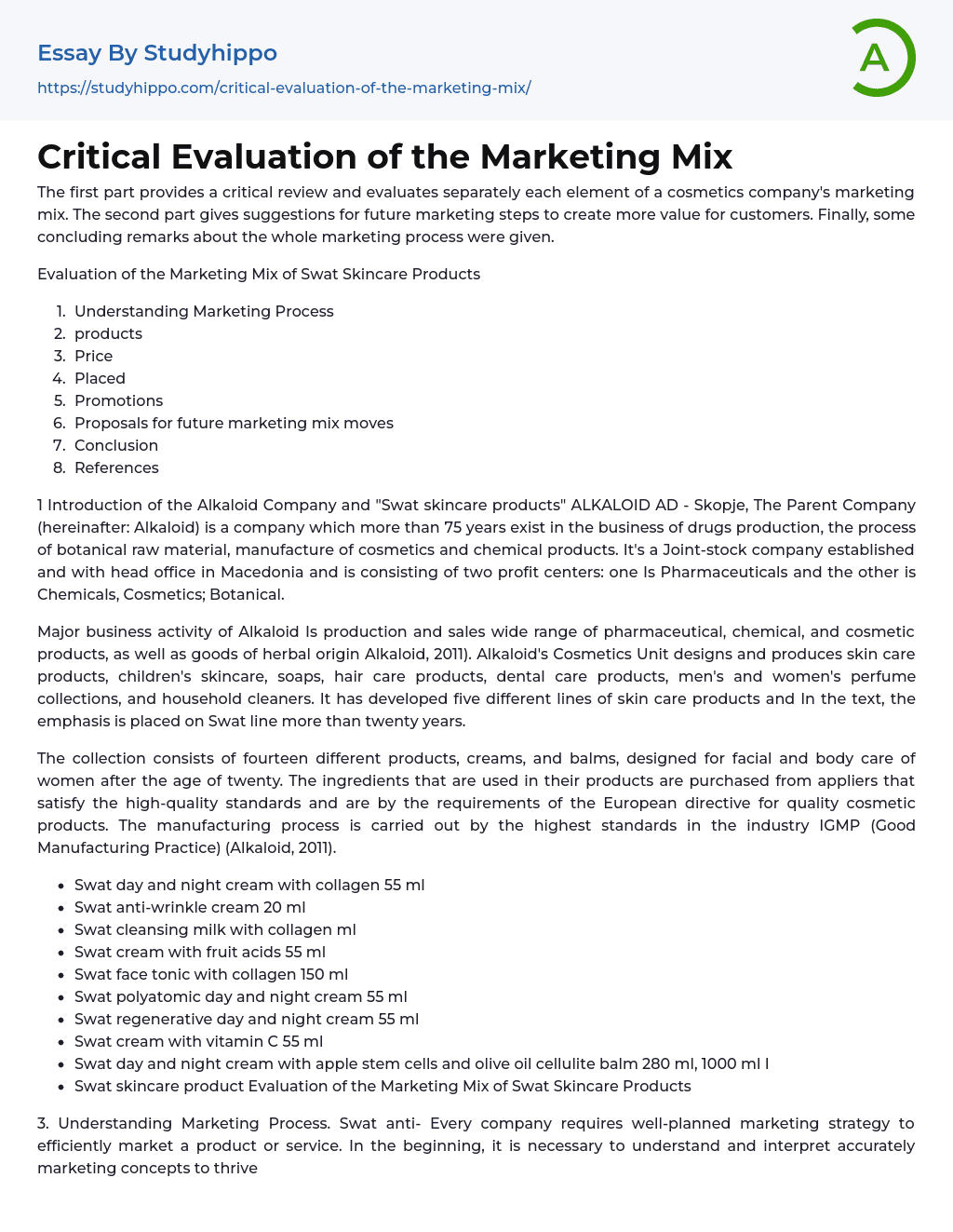 Critical Evaluation of the Marketing Mix Essay Example