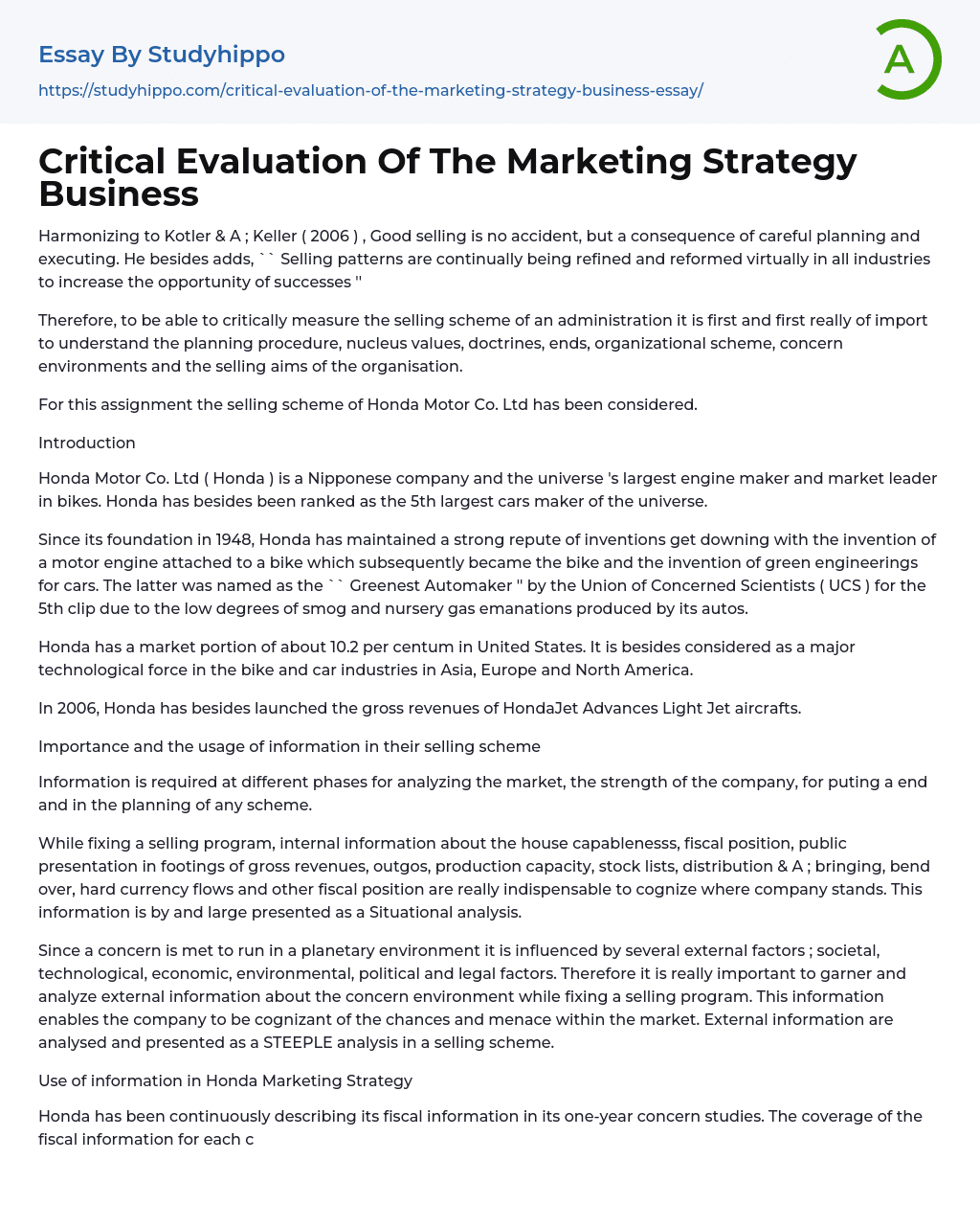 Critical Evaluation Of The Marketing Strategy Business Essay Example