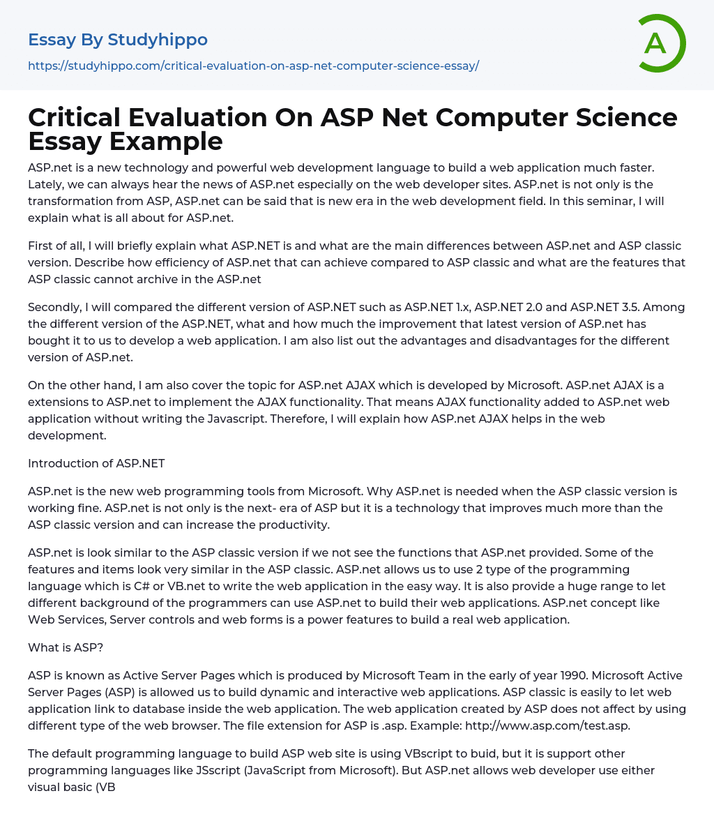 Critical Evaluation On ASP Net Computer Science Essay Example