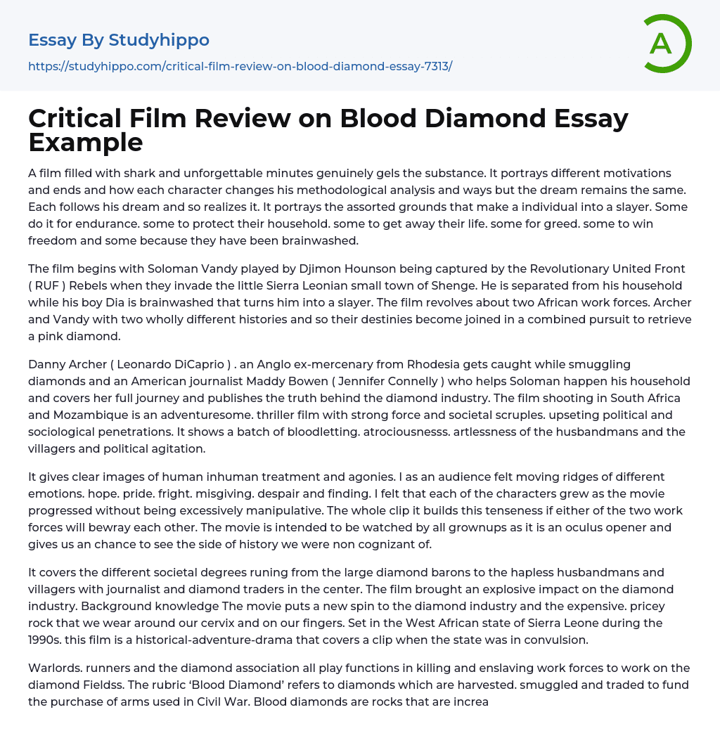 Critical Film Review on Blood Diamond Essay Example