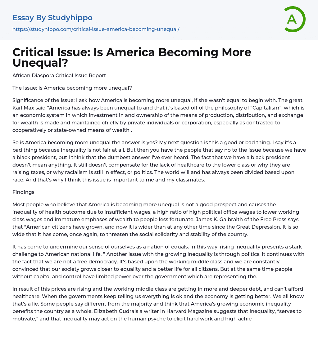 Critical Issue: Is America Becoming More Unequal? Essay Example