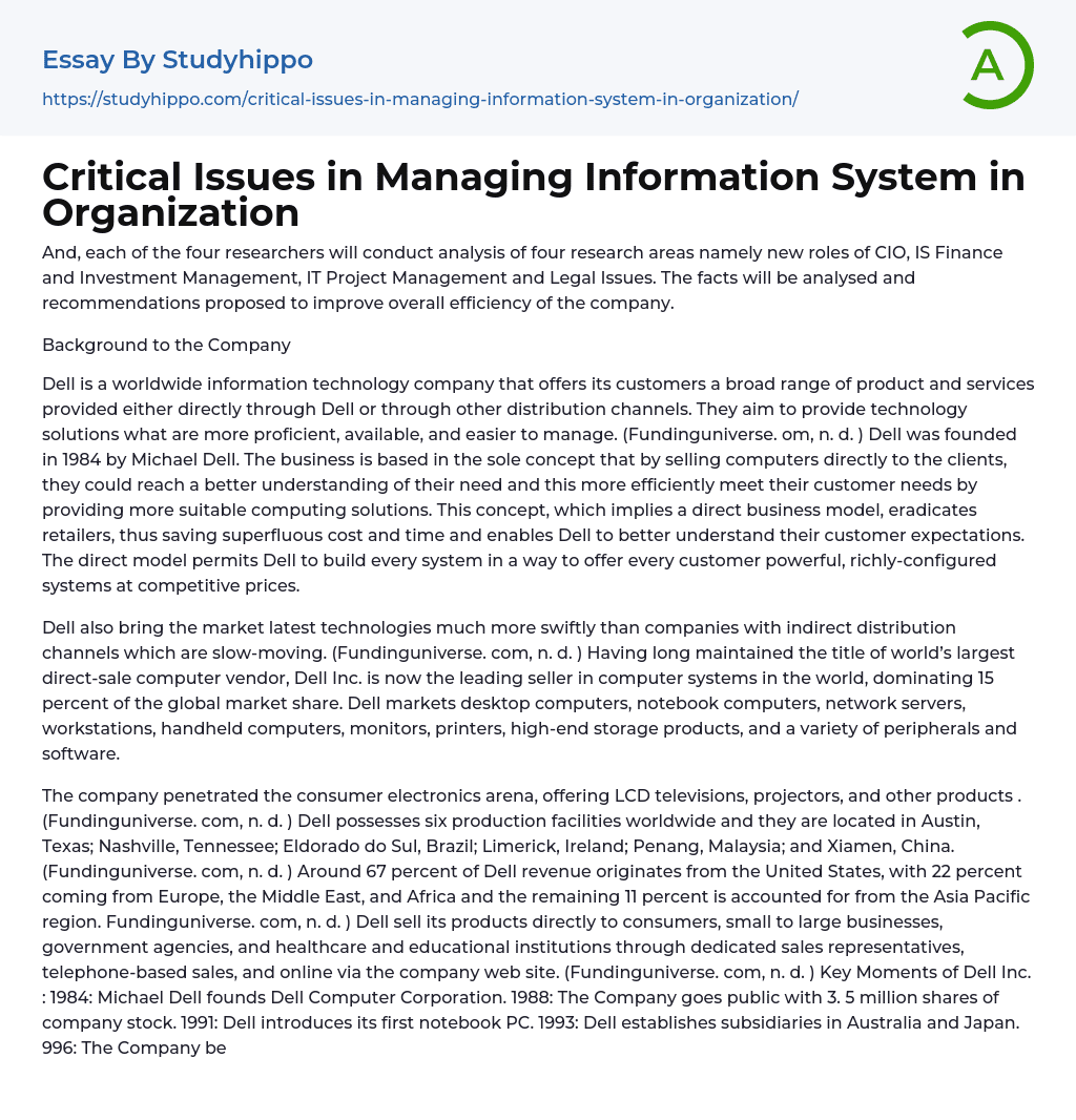 Critical Issues in Managing Information System in Organization Essay Example