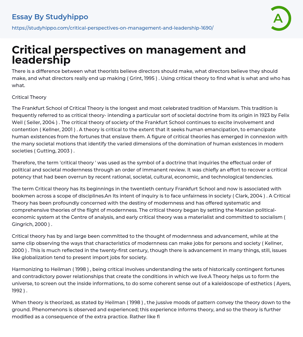 Critical perspectives on management and leadership Essay Example