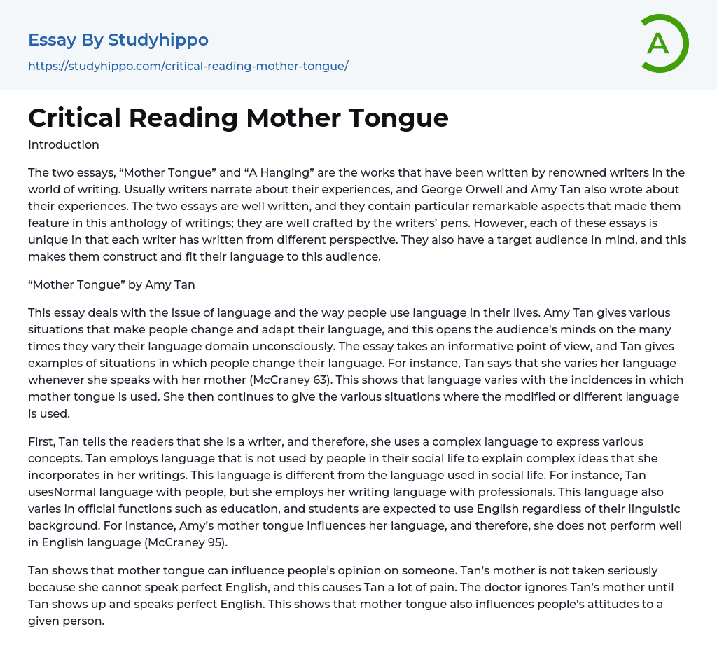 Critical Reading Mother Tongue Essay Example