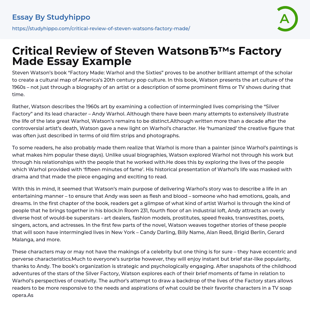 Critical Review of Steven Watson’s Factory Made Essay Example