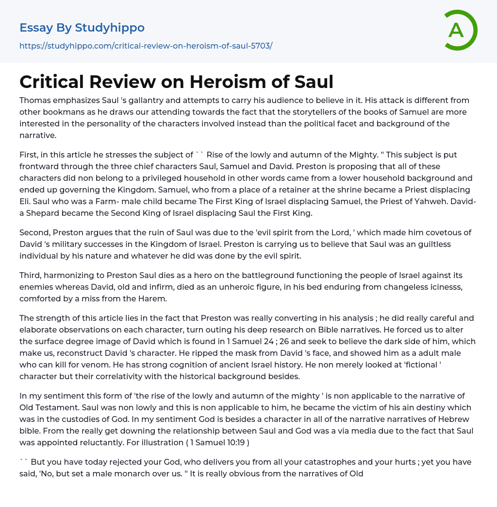 Critical Review on Heroism of Saul Essay Example