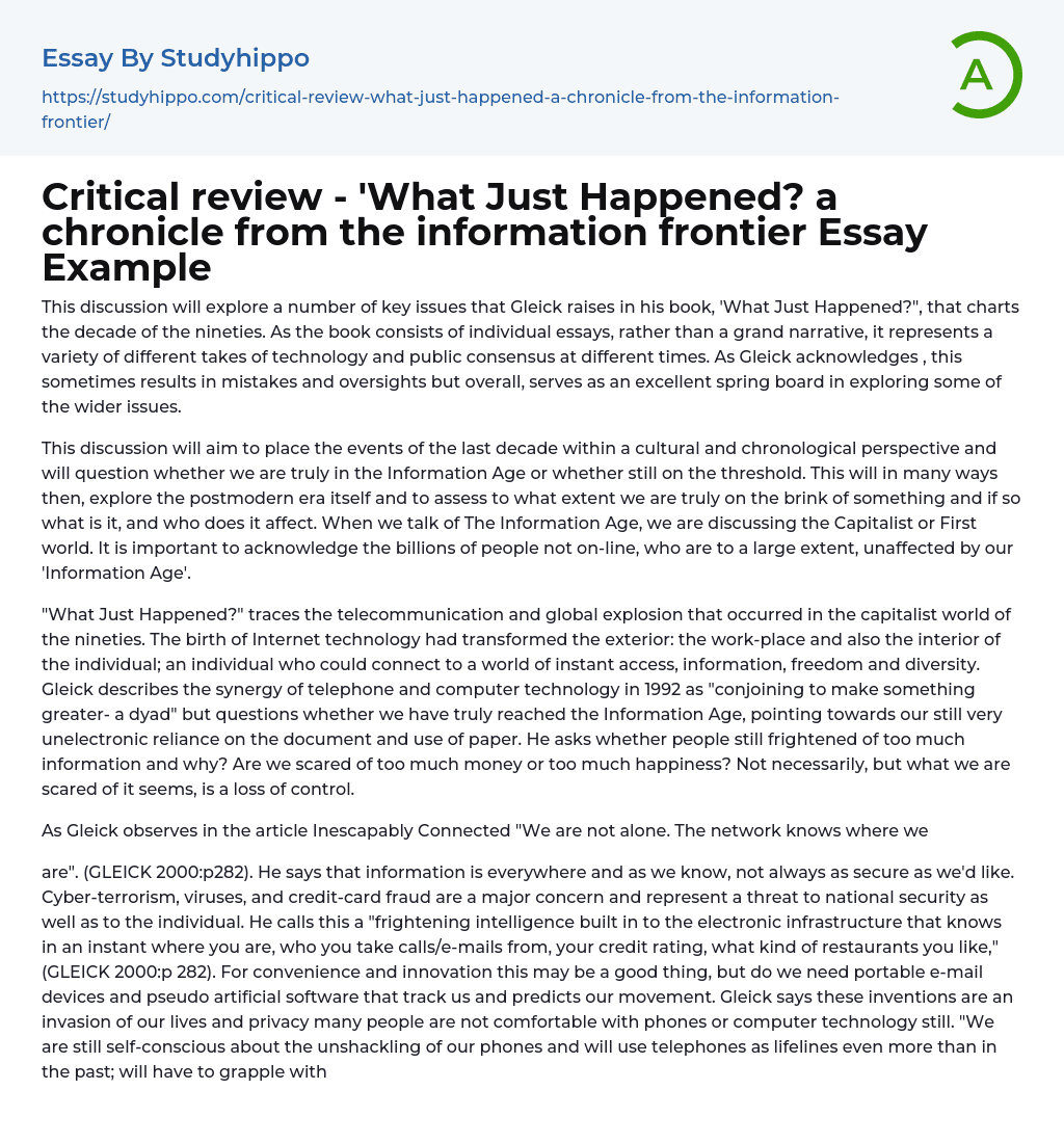 Critical review – ‘What Just Happened? a chronicle from the information frontier Essay Example