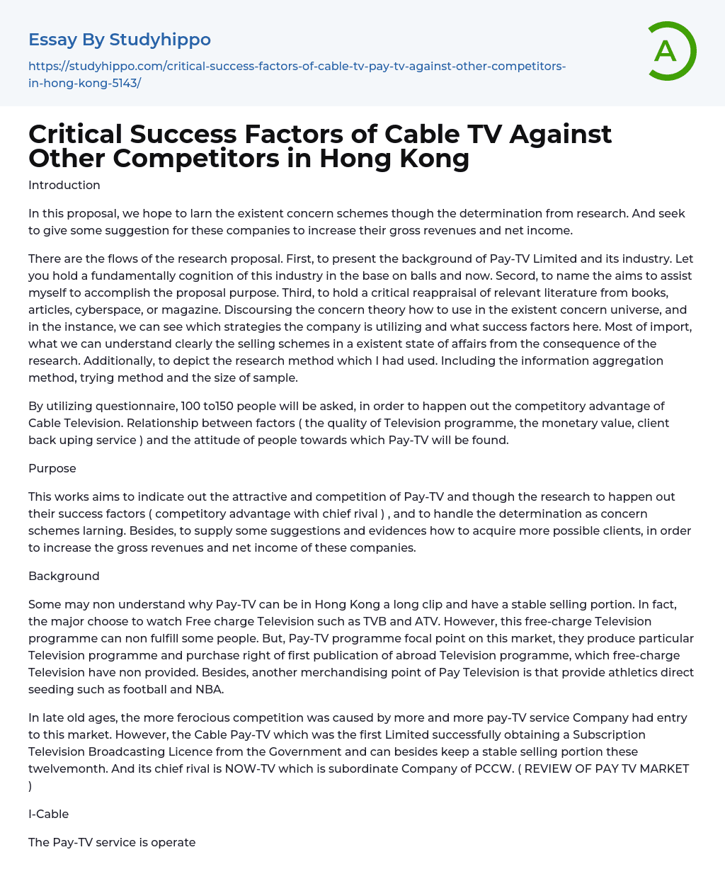 Critical Success Factors of Cable TV Against Other Competitors in Hong Kong Essay Example